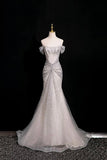 Silver Off-the-Shoulder Sequin Long Prom Party Dress, Mermaid Evening Dress HZ0429