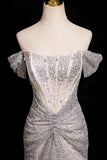 Silver Off-the-Shoulder Sequin Long Prom Party Dress, Mermaid Evening Dress HZ0429