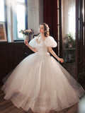 White Tulle Long Formal Dress, Beautiful A-Line Puff Sleeve Evening Dress HZ0429