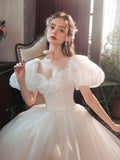 White Tulle Long Formal Dress, Beautiful A-Line Puff Sleeve Evening Dress HZ0429
