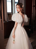 White Tulle Long Formal Dress, Beautiful A-Line Puff Sleeve Evening Dress HZ0429