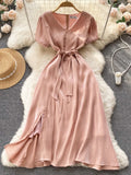 Pink V-Neck Short Sleeve Dress, Fashion Dress HZ0429