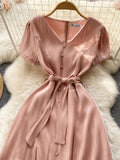 Pink V-Neck Short Sleeve Dress, Fashion Dress HZ0429