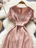 Pink V-Neck Short Sleeve Dress, Fashion Dress HZ0429