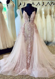 Plunging V-Neck Lace Long Prom Dresses, Pink Evening Dresses HZ0429