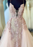 Plunging V-Neck Lace Long Prom Dresses, Pink Evening Dresses HZ0429