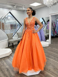 Orange V-Neck Lace Long Prom Dress, Beautiful Evening Party Dress HZ0429