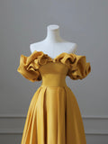 Yellow Satin Long Prom Dress, Off Shoulder A-Line Evening Dress HZ0429