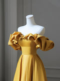 Yellow Satin Long Prom Dress, Off Shoulder A-Line Evening Dress HZ0429