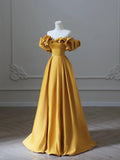 Yellow Satin Long Prom Dress, Off Shoulder A-Line Evening Dress HZ0429