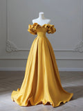 Yellow Satin Long Prom Dress, Off Shoulder A-Line Evening Dress HZ0429