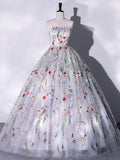 Lovely Strapless Floral Tulle Long Prom Dress, Gray  A-Line Evening Party Dress HZ0429