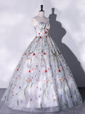 Lovely Strapless Floral Tulle Long Prom Dress, Gray  A-Line Evening Party Dress HZ0429