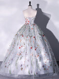 Lovely Strapless Floral Tulle Long Prom Dress, Gray  A-Line Evening Party Dress HZ0429