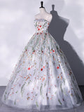 Lovely Strapless Floral Tulle Long Prom Dress, Gray  A-Line Evening Party Dress HZ0429