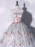 Lovely Strapless Floral Tulle Long Prom Dress, Gray  A-Line Evening Party Dress HZ0429