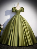 Green Satin Short Sleeve Floor Length Formal Dress, Green A-Line Prom Dress HZ0429