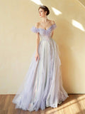 Light Purple A-line Colorful Sequins Tulle Formal Dress, Off the Shoulder Birthday Fairy Party Evening Gowns HZ0429