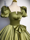 Green Satin Short Sleeve Floor Length Formal Dress, Green A-Line Prom Dress HZ0429