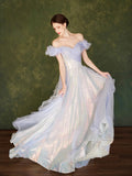 Light Purple A-line Colorful Sequins Tulle Formal Dress, Off the Shoulder Birthday Fairy Party Evening Gowns HZ0429