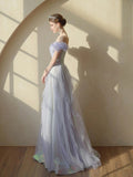 Light Purple A-line Colorful Sequins Tulle Formal Dress, Off the Shoulder Birthday Fairy Party Evening Gowns HZ0429