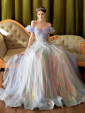 Light Purple A-line Colorful Sequins Tulle Formal Dress, Off the Shoulder Birthday Fairy Party Evening Gowns HZ0429