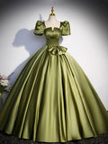 Green Satin Short Sleeve Floor Length Formal Dress, Green A-Line Prom Dress HZ0429