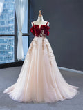 Burgundy Velvet Lace Long Prom Dress, A-Line Off Shoulder Evening Dress HZ0429