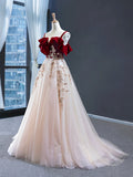 Burgundy Velvet Lace Long Prom Dress, A-Line Off Shoulder Evening Dress HZ0429