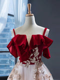 Burgundy Velvet Lace Long Prom Dress, A-Line Off Shoulder Evening Dress HZ0429