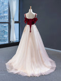 Burgundy Velvet Lace Long Prom Dress, A-Line Off Shoulder Evening Dress HZ0429