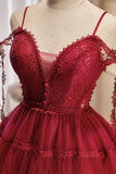 Burgundy Lace Short A-line Prom Dress, Cute Spaghetti Strap Party Dress HZ0429