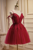 Burgundy Lace Short A-line Prom Dress, Cute Spaghetti Strap Party Dress HZ0429
