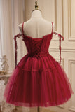 Burgundy Lace Short A-line Prom Dress, Cute Spaghetti Strap Party Dress HZ0429