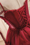 Burgundy Lace Short A-line Prom Dress, Cute Spaghetti Strap Party Dress HZ0429