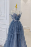 Blue Tulle Layers Straps Beaded Long Prom Dresses, A-Line Evening Dresses HZ0429