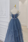 Blue Tulle Layers Straps Beaded Long Prom Dresses, A-Line Evening Dresses HZ0429