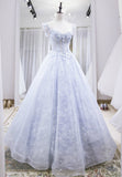 Light Blue Tulle Lace Long Prom Dress, A-Line Graduation Dress HZ0429