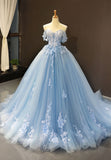 Blue Tulle Long A-Line Prom Dress, Off the Shoulder Evening Dress HZ0429