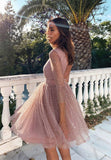 Pink Tulle Long Sleeve Short Prom Dresses, A-Line Party Dresses HZ0429