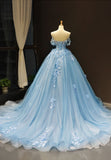 Blue Tulle Long A-Line Prom Dress, Off the Shoulder Evening Dress HZ0429