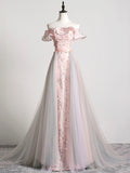 Lovely Tulle Applique Long Prom Dress, A-Line Evening Dress with Detachable Skirt HZ0429