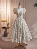 Beautiful Beading Pearl Sequins Green Prom Dresses, High Neckline Tea Length Sage Green Party Dress HZ0429