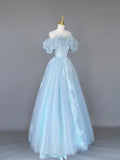 Light Blue Tulle Lace Long Prom Dress, Beautiful Off Shoulder Evening Party Dress HZ0429