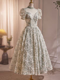 Beautiful Beading Pearl Sequins Green Prom Dresses, High Neckline Tea Length Sage Green Party Dress HZ0429