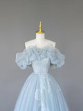 Light Blue Tulle Lace Long Prom Dress, Beautiful Off Shoulder Evening Party Dress HZ0429