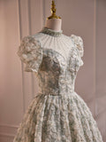 Beautiful Beading Pearl Sequins Green Prom Dresses, High Neckline Tea Length Sage Green Party Dress HZ0429