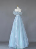 Light Blue Tulle Lace Long Prom Dress, Beautiful Off Shoulder Evening Party Dress HZ0429