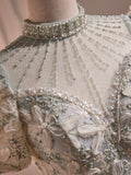 Beautiful Beading Pearl Sequins Green Prom Dresses, High Neckline Tea Length Sage Green Party Dress HZ0429