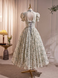 Beautiful Beading Pearl Sequins Green Prom Dresses, High Neckline Tea Length Sage Green Party Dress HZ0429